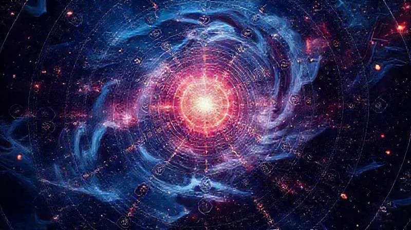 Pintura digital abstracta de un alma viajando a través de un vórtice cósmico con hilos de destino