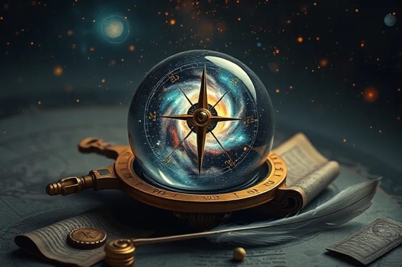 Arte surrealista de una brújula antigua apuntando a una galaxia en miniatura con pergaminos y una pluma