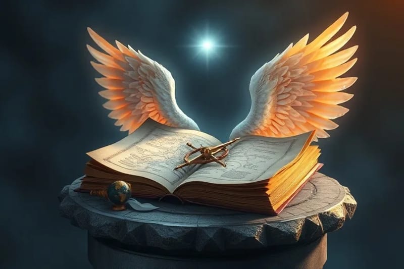 Bodegón conceptual con antiguos pergaminos y mapas entrelazados con alas angelicales estilizadas y brillantes, un compás celestial y un globo terráqueo en miniatura.