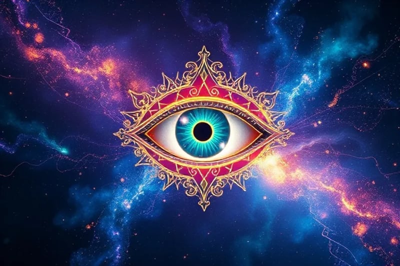 Pintura digital abstracta de nebulosas cósmicas formando un ojo divino con líneas generativas