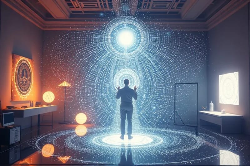 Estudio de artista futurista con proyecciones holográficas de arte generativo