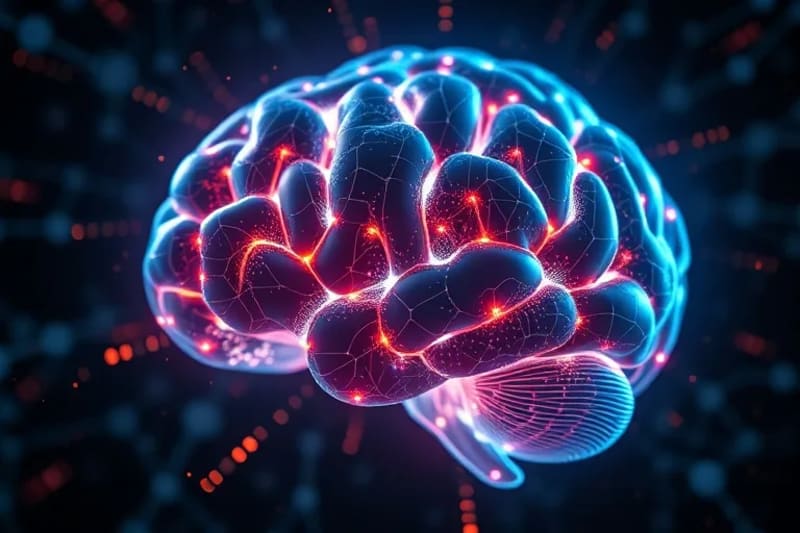Render 3D de cerebro humano con estructuras genéticas y código digital