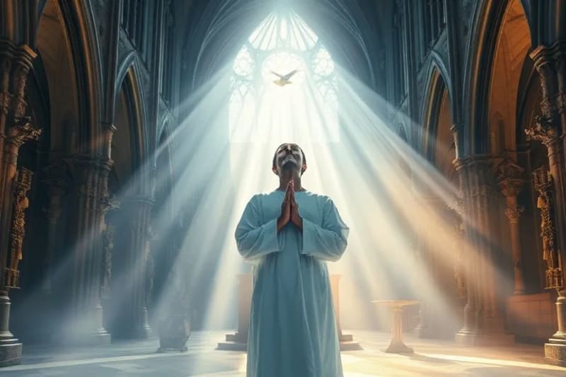 Manos en oración con luz divina disipando ruido digital y desinformación
