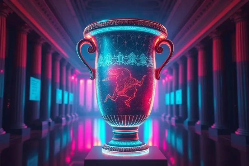 Holographic projection of an ancient artifact in a museum, overlaid with digital information, representing augmented reality in heritage.