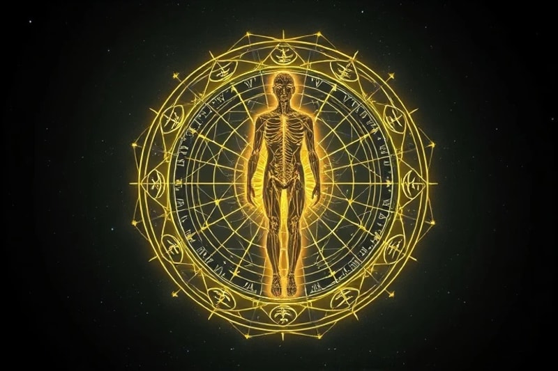 Human figure with birth chart and genetic pathways