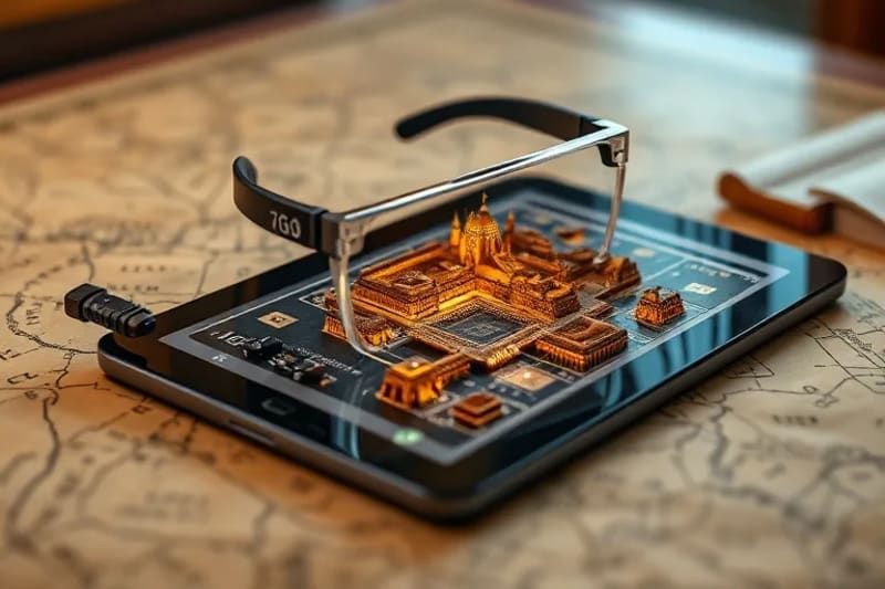 Futuristic AR smartglasses resting on an antique map with a tablet showing a 3D city model, symbolizing technology bridging past and future.