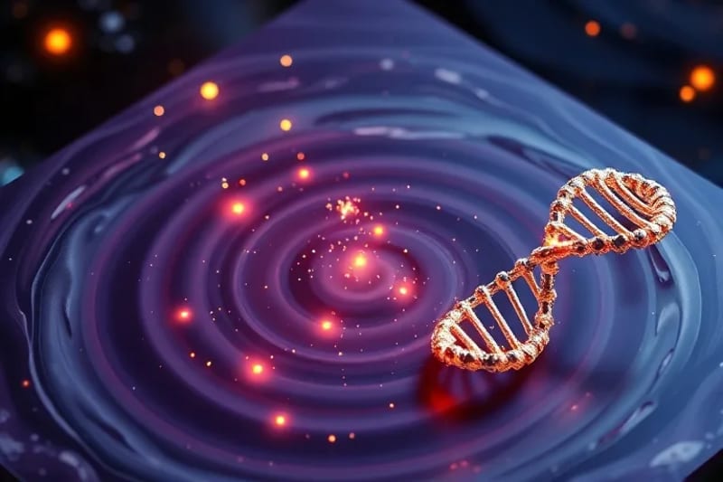 Abstract DNA strand with glowing environmental particles