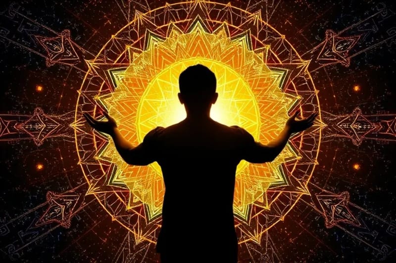 A stylized human figure with light radiating from hands, creating a vibrant, ethereal portal that shows a desired future manifesting.