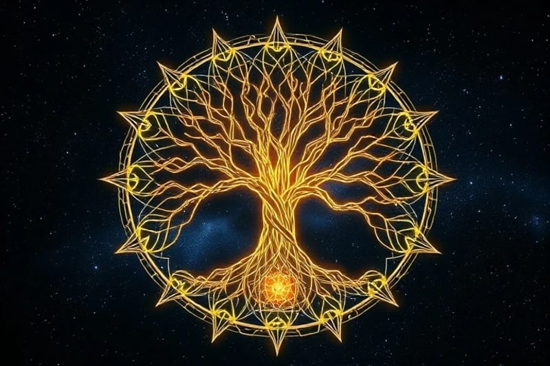 A glowing, intricate tree of life structure, with interconnected branches representing Hermetic principles and quantum energy lines, set against a cosmic backdrop.