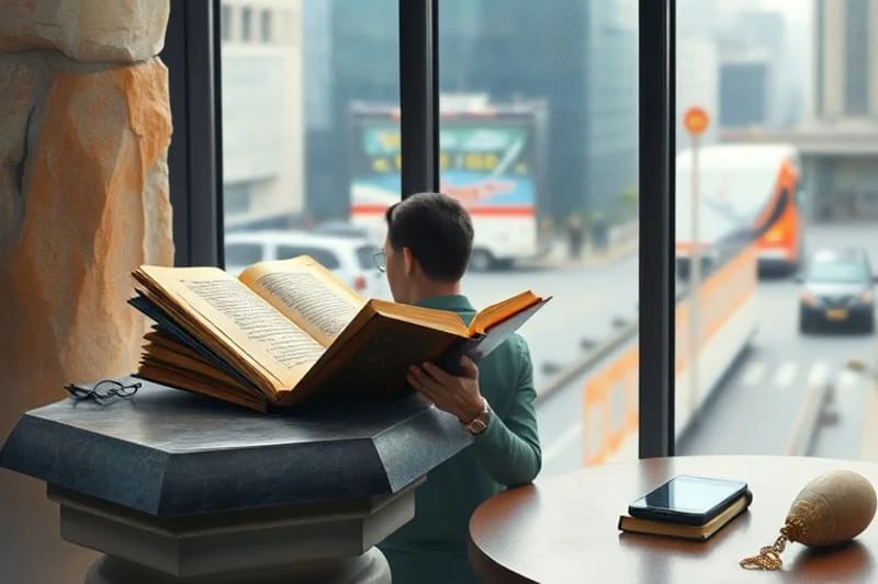 Persona leyendo un libro físico en un espacio tranquilo, con un teléfono apagado cerca, simbolizando un momento de desconexión digital.