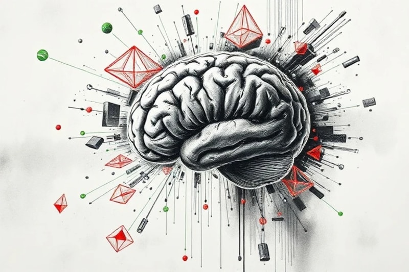 Cerebro humano fragmentado con datos y circuitos, rodeado de dilemas éticos representados por formas geométricas, simbolizando los desafíos morales de la conciencia artificial.