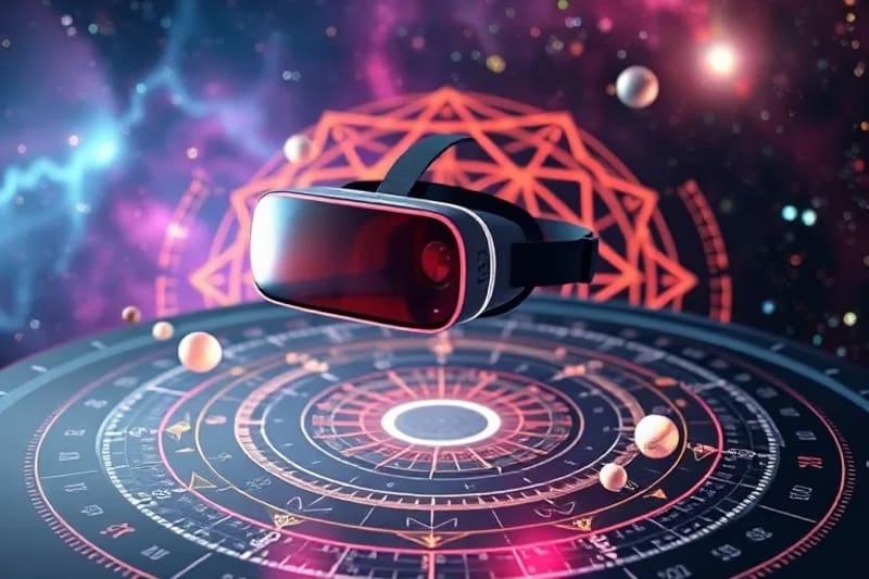 Representación conceptual de un casco de realidad virtual sobre una proyección holográfica de una carta natal, con planetas en miniatura orbitando y datos digitales flotando.