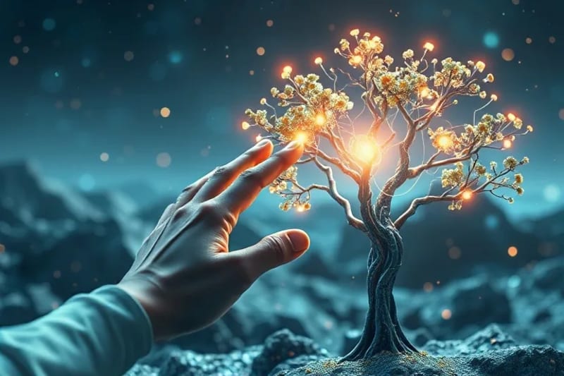 Paisaje futurista sereno donde elementos robóticos y flora orgánica coexisten, con una mano humana estilizada tocando un árbol de circuito integrado, simbolizando la simbiosis futuro humano-máquina.