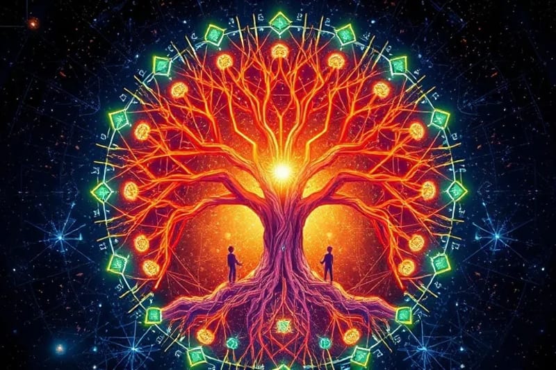 Vector art depicting a vibrant tree of life composed of interconnected circuit boards and neural pathways, symbolizing digital healing and the organic growth of technology.
