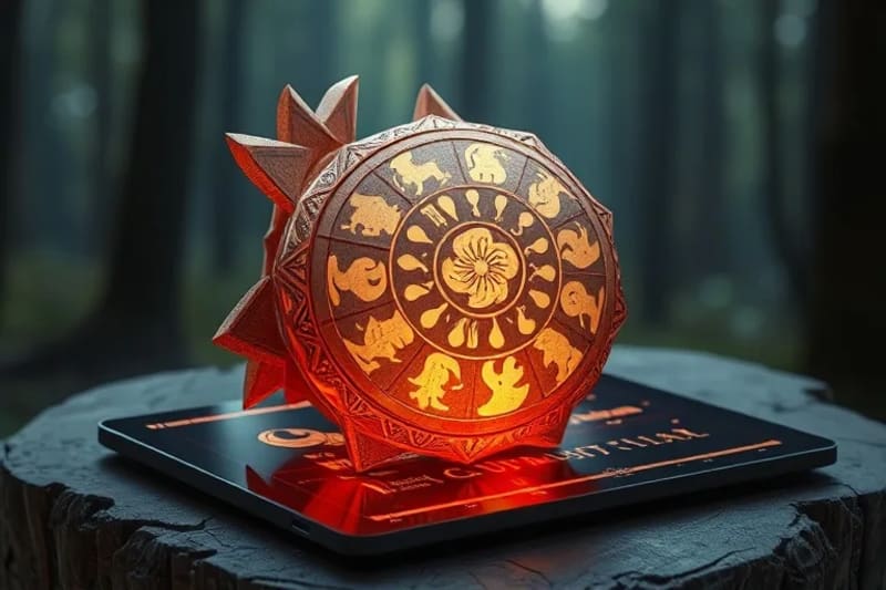 3D render of an ornate shamanic drum resting on a glowing digital tablet displaying sound waves and data, set against a mystical forest backdrop, symbolizing ancient wisdom meeting modern tools.
