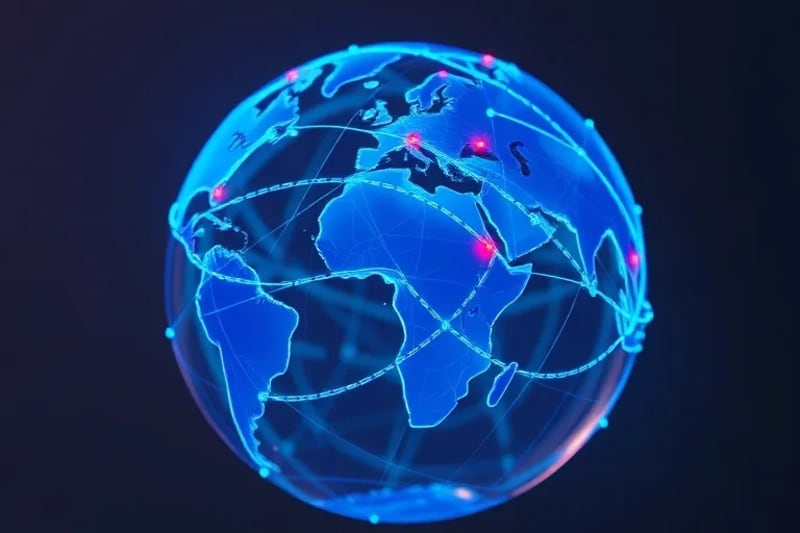 Red compleja de tuberías y plantas de tratamiento de agua superpuestas sobre un mapa global estilizado, con puntos de tensión marcados en rojo.