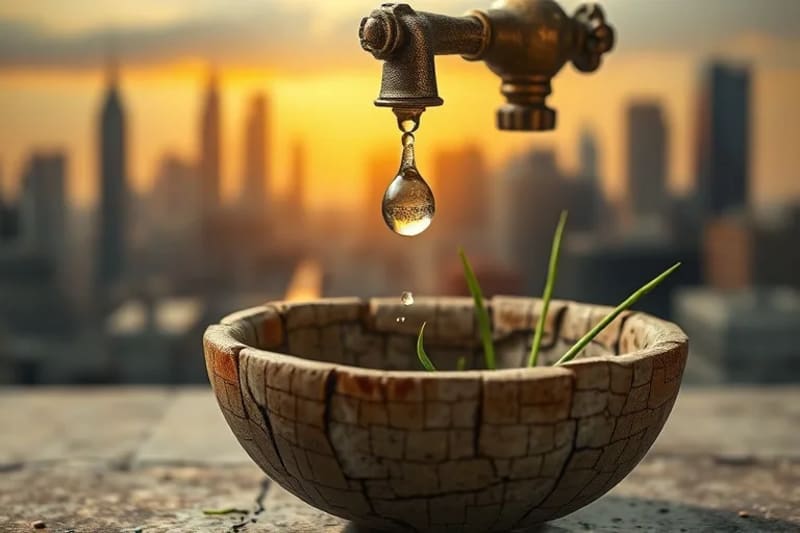 Grifo antiguo goteando una gota de agua luminosa en un cuenco agrietado, con brotes verdes y un horizonte urbano difuminado al fondo.