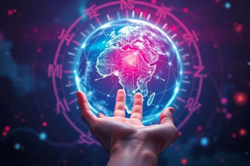 Holographic projection of Earth with data streams and a translucent hand symbolizing ethical interaction