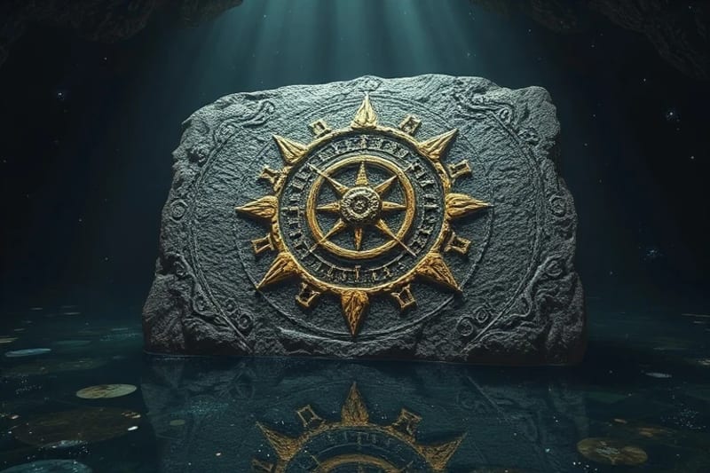 Ancient stone tablet with cosmic symbols and digital code shimmering above a reflective pool