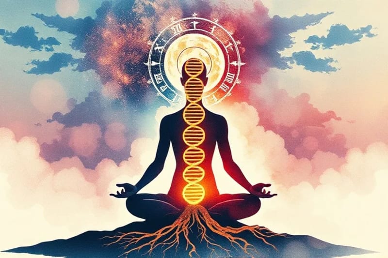 Watercolor painting of a meditating human silhouette with astrological symbols and a DNA ladder emerging from the earth.