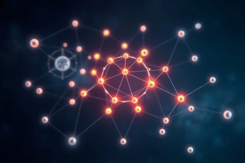 3D render of glowing interconnected nodes representing the human genome with translucent planetary orbits.