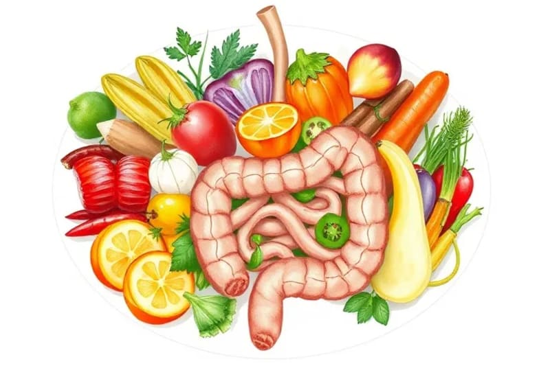 Ilustración acuarela de alimentos saludables y su conexión con la flora intestinal.