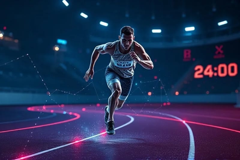 Visualización de datos biométricos y rendimiento deportivo en un entorno futurista.