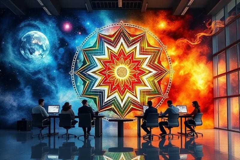 Pintura acuarela abstracta de los cinco elementos chinos (Madera, Fuego, Tierra, Metal, Agua) fluyendo armoniosamente en un entorno de oficina