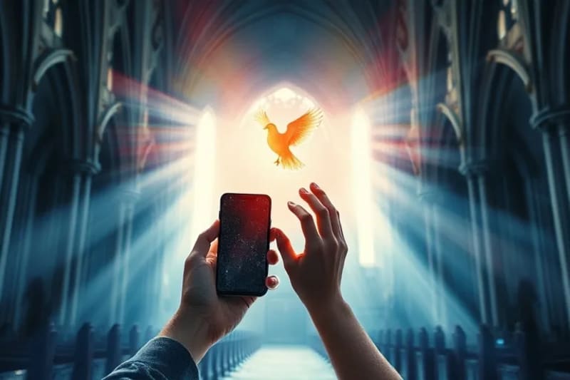 Manos de una persona joven lidiando con la adicción a las pantallas, buscando ayuda espiritual