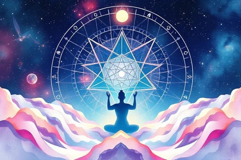 Watercolor illustration of inner peace and cosmic connection