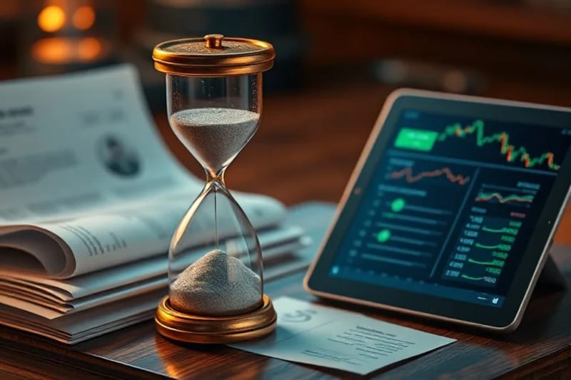 A still-life 3D render of a vintage hourglass next to modern financial documents and a tablet displaying complex data, symbolizing the intersection of time and financial planning.