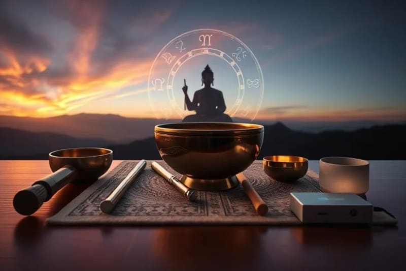 Various sound healing instruments on a table