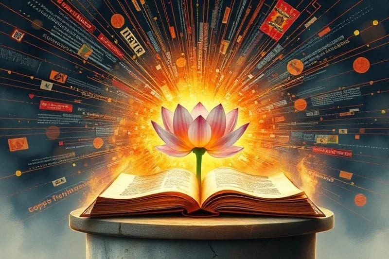 Pintura de acuarela de una red caótica de datos y titulares de noticias, con una flor de loto central que simboliza la verdad.