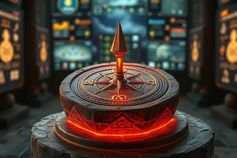 Render 3D de un antiguo compás de piedra con símbolos rúnicos brillantes, apuntando firmemente, con pantallas digitales borrosas de fondo.