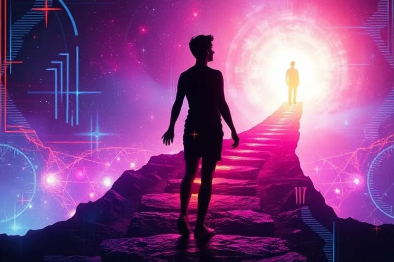 Silueta humana en un cruce de caminos, un sendero luminoso y otro oscuro con códigos digitales, simbolizando la dualidad de la transformación y el poder personal en la era digital.