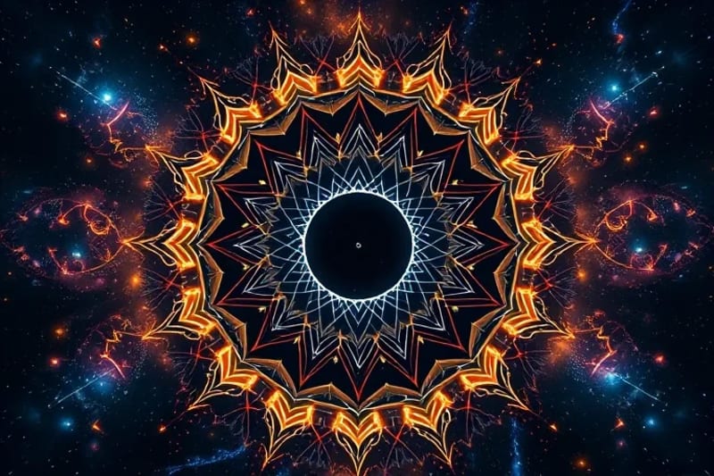 Red intrincada de nodos y líneas brillantes, similar a una red neuronal o un cosmos digital, con un vórtice oscuro central que representa la energía plutoniana influyendo en la información.