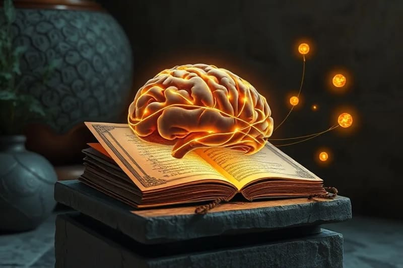 Representación artística de la mente humana conectada a una red de rosarios digitales, simbolizando la integración de la inteligencia artificial con la espiritualidad y la conciencia.