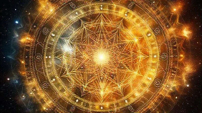 Abstract painting of two overlapping astrological charts merging