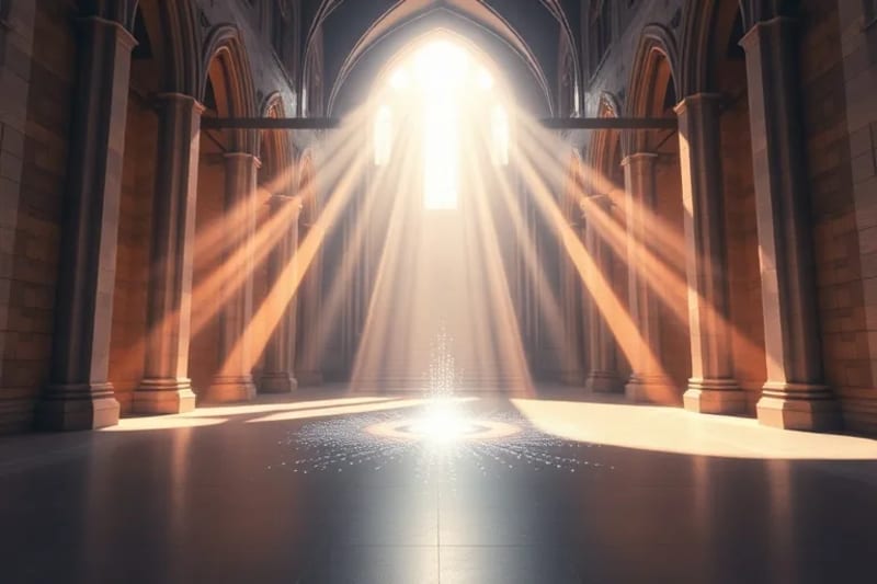 Un santuario digital minimalista con una proyección holográfica de un rosario, rodeado de patrones cuánticos y código binario, simbolizando la espiritualidad futurista y la paz interior.
