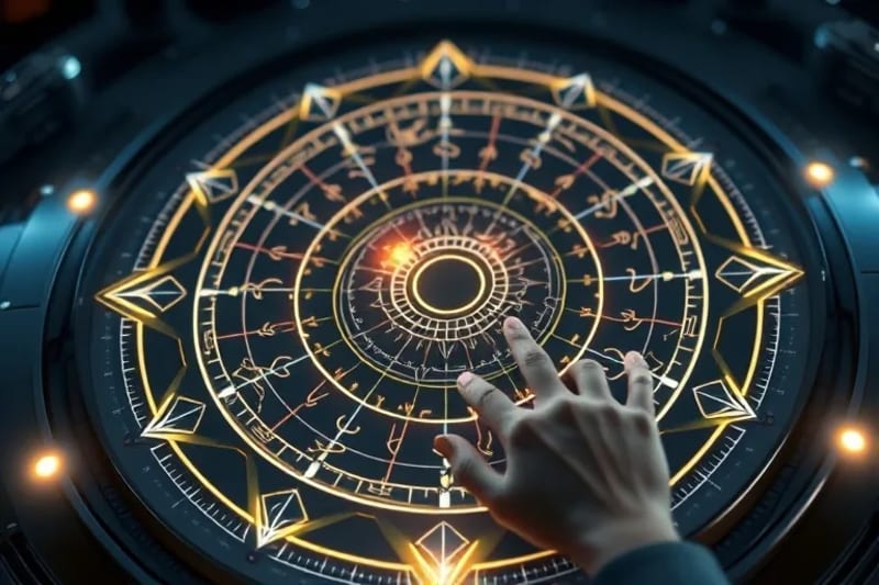 Holographic projection of a complex synastry chart on a futuristic console