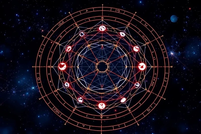 Holographic birth chart overlay with glowing Lunar Nodes, representing celestial mechanics