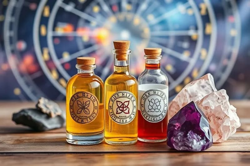 Botellas de elixir botánico con cristales sobre una mesa de madera.