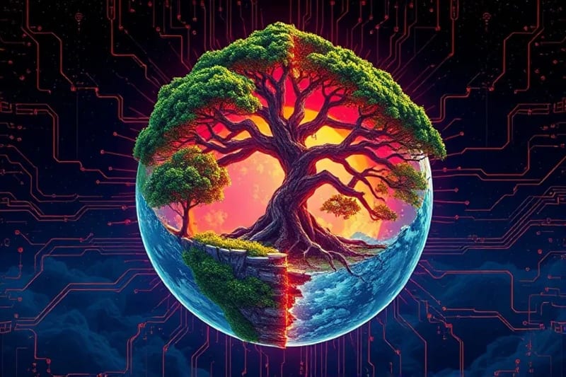 Globo terráqueo estilizado, mitad natural y mitad digital, con un árbol antiguo que crece en la interfaz.