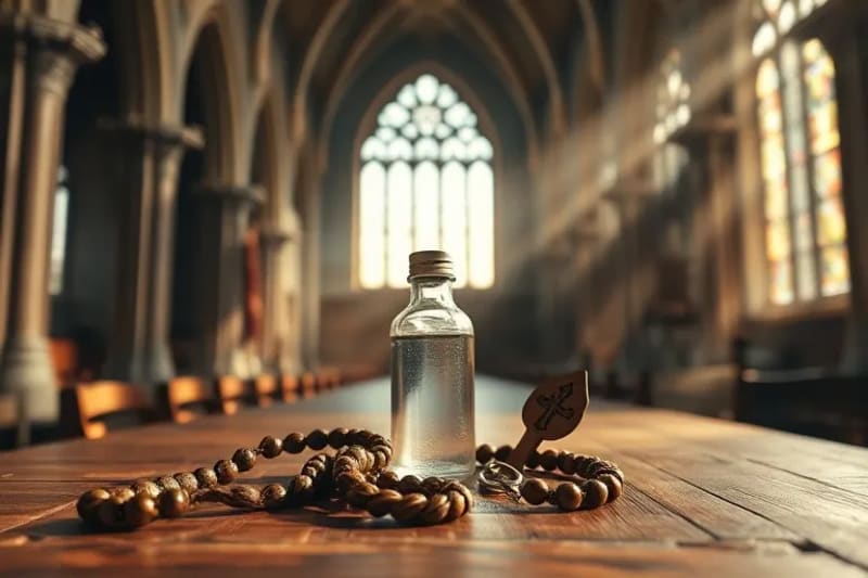 Composición artística de sacramentales como un rosario de madera, una botella de agua bendita, un escapulario y una medalla, sobre una superficie de madera antigua, iluminados por una luz suave.