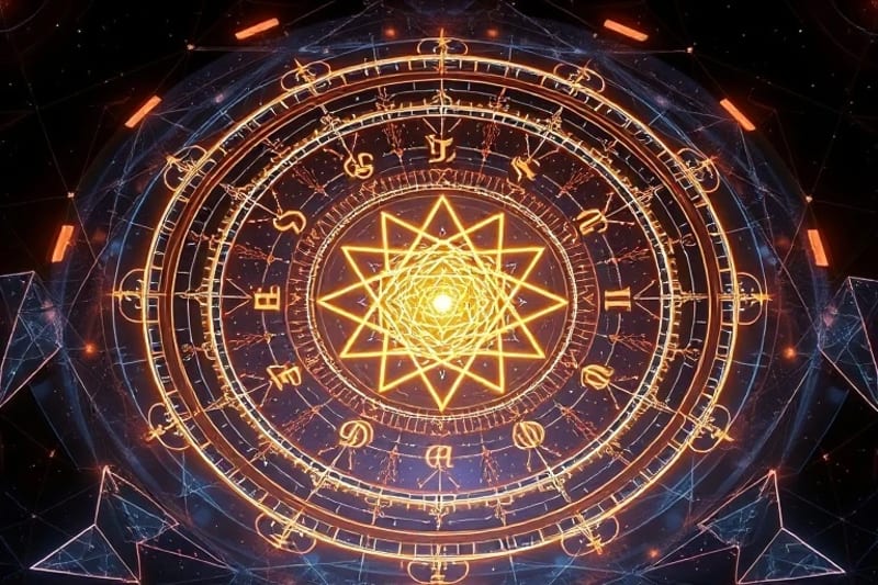 Cámara de meditación virtual con patrones de geometría sagrada y luz etérea