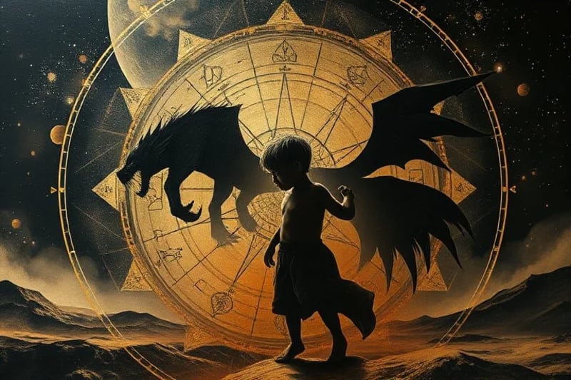 Abstract oil painting depicting various shadow archetypes such as a snarling beast, a weeping child, and a hidden trickster, subtly integrated into a landscape of fragmented astrological charts and cosmic dust, with strong contrasts of light and shadow.