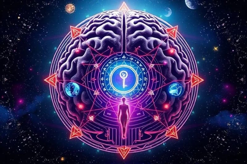 Digital art illustration depicting a stylized brain or mind as a complex labyrinth, with pathways leading to different chambers filled with various dream symbols like a key, a bird, a river, and an ancient tree. An ethereal figure navigates these paths, symbolizing conscious exploration of the unconscious through dreams.