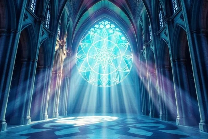 Patrones de geometría sagrada en acuarela, interconectados y vibrantes, emergiendo de un fondo cósmico.