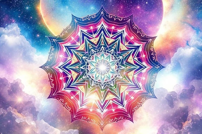 Ilustración acuarela de ingredientes orgánicos flotando alrededor de un círculo zodiacal con cristales.