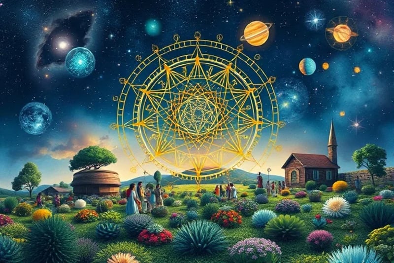 People tending garden with zodiac symbols in sky